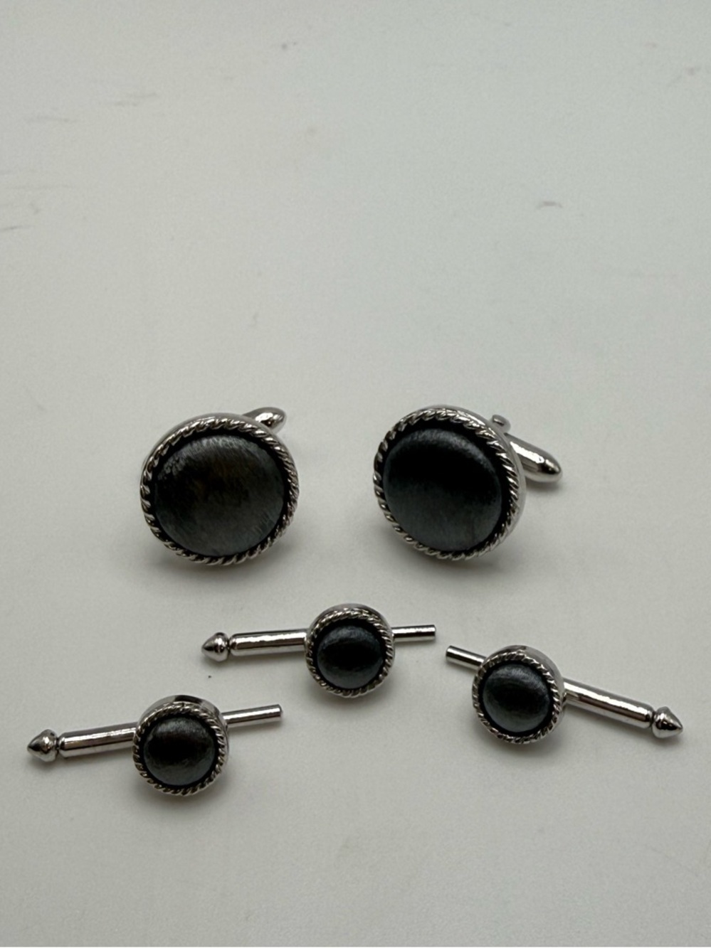 Swank Cufflinks Stud Set Hematite Gray Silver Tone Vintage Formal Set